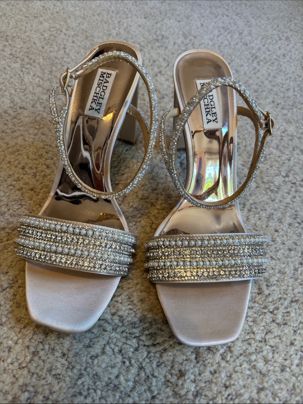 Badgley Mischka Pearl/Rhinestone -Embellished Strap Block Heels